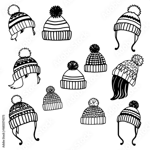 Collection of 9 unique winter hat doodles in a quirky hand-drawn style, featuring silhouette illustrations of children's colorful pom-pom hats with fluffy pom-poms and adults' intricately knitted caps