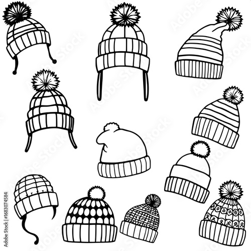 Collection of 9 unique winter hat doodles in a quirky hand-drawn style, featuring silhouette illustrations of children's colorful pom-pom hats with fluffy pom-poms and adults' intricately knitted caps