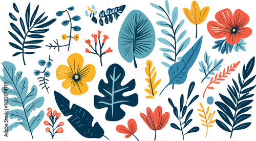 Vibrant collection of tropical leaves and exotic flowers in a whimsical artistic style
