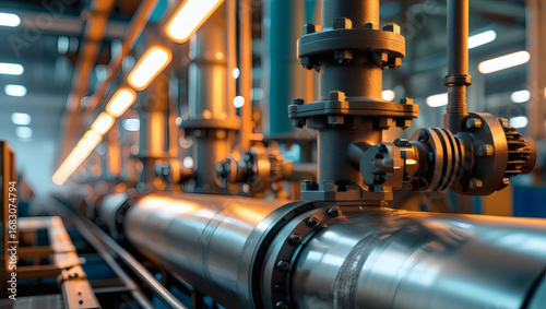 a highly detailed cinematic photo of a steam condensate trap in operation on a factory production line, captured through photography, with a focus on the metallic sheen of the trap and the surrounding