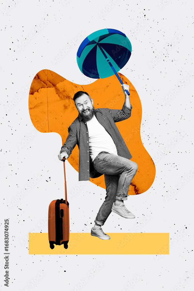Obraz premium Trend artwork banner sketch 3D photo collage of young man walk hold umbrella baggage travel agency global abroad destination vacation trip