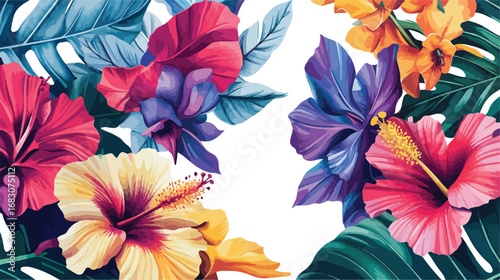 Vibrant tropical hibiscus flowers and lush green leaves in a bold floral pattern