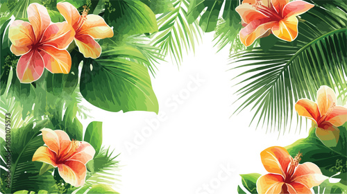 Vibrant tropical hibiscus flowers and lush green palm leaves framing a bright white space