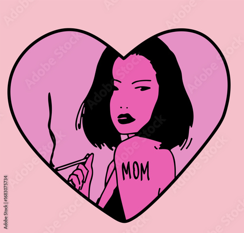 Vector illustration in bold grunge pop-art style shows a pink woman with black hair, "MOM" tattoo, and cigarette, inside a pink heart. Strong outlines, flat colors, edgy, rebellious, feminine theme.