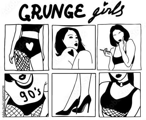 Vector poster in bold grunge doodle style, features six black and white squares with stylish girls in fishnets and crop tops. Minimalist, edgy, fashion theme.