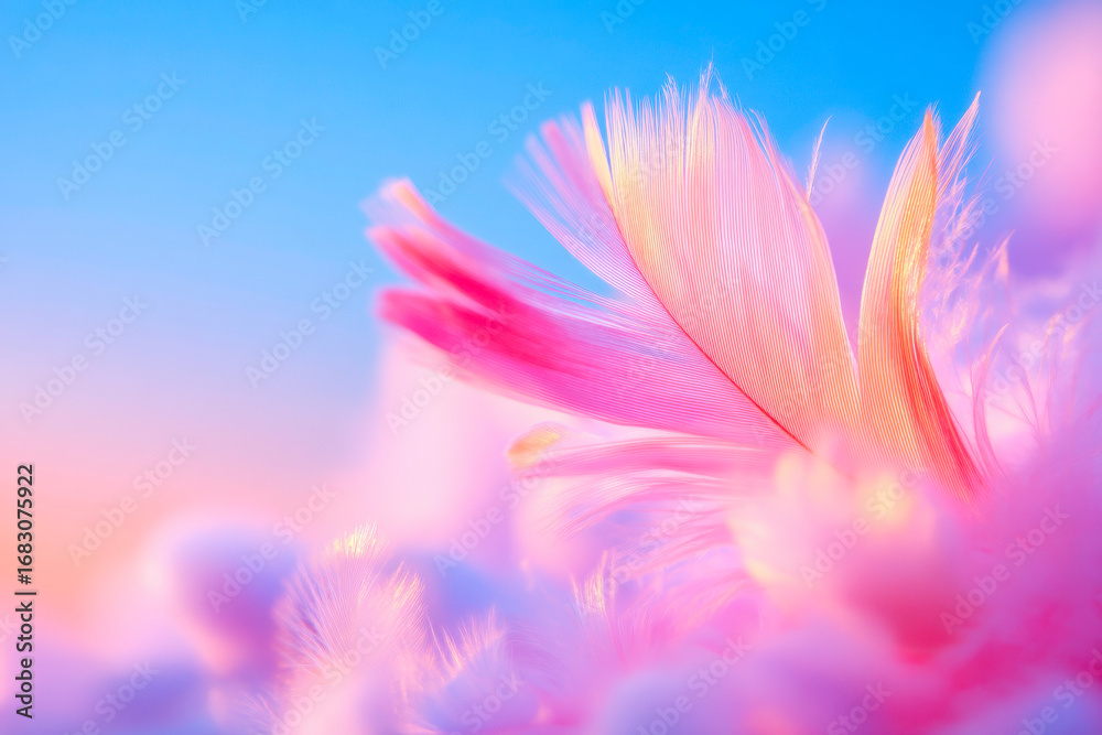 Fototapeta premium A macro closeup of a delicate fluffy feather with soft gentle pastel lighting creating a dreamy and ethereal artistic effect