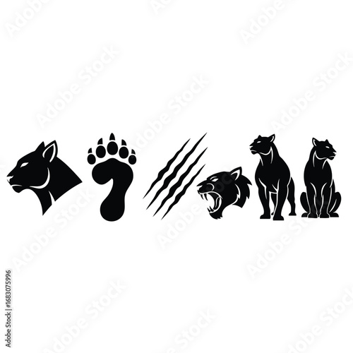 A collection of black panther silhouette icons including head profiles a paw print claw marks and fullbody poses.