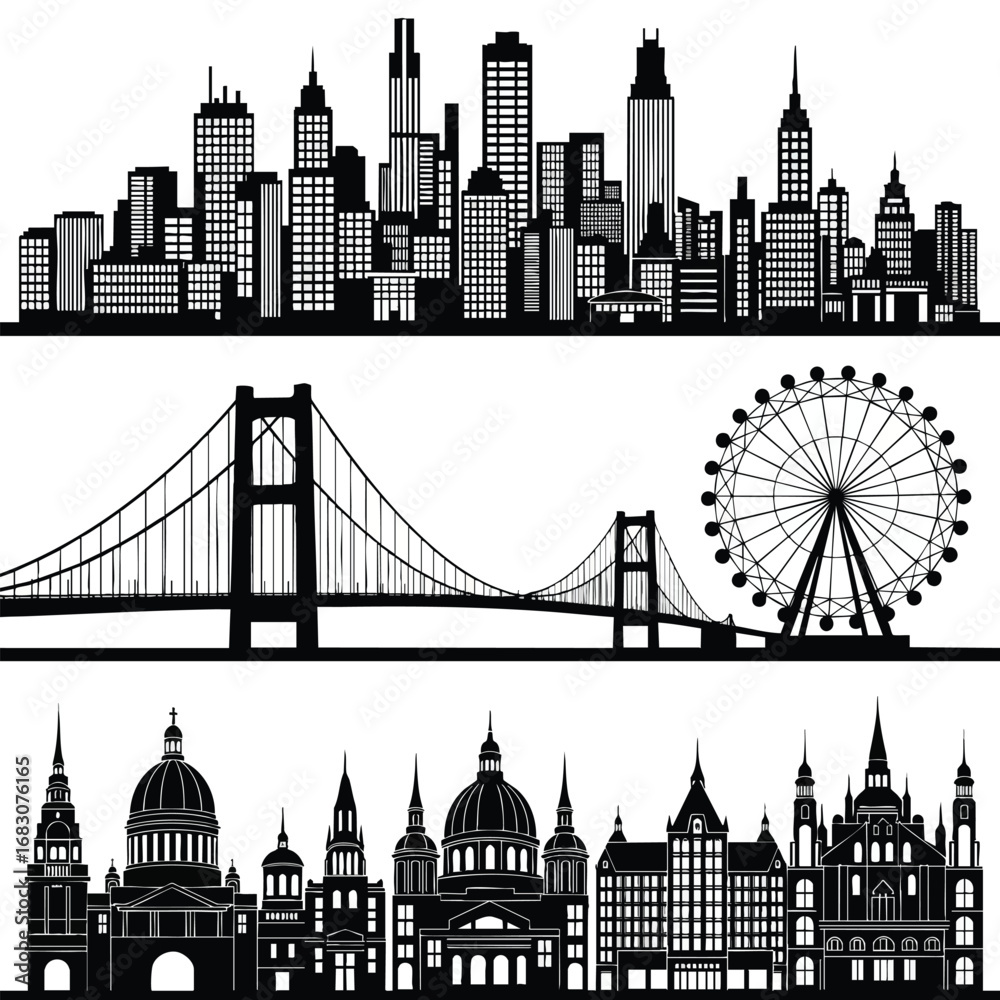 Obraz premium A collection of black vector silhouettes depicting modern landmark and historic city skylines.