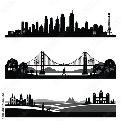 A collection of three black vector silhouettes depicting modern cityscapes a famous bridge and a scenic town landscape.