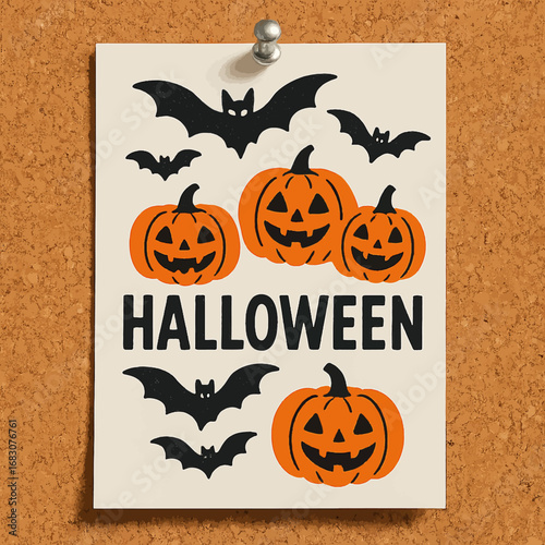 A classic Halloween flyer with smiling jack-o'-lanterns and flying bats, pinned to a corkboard, perfect for a vintage holiday celebration