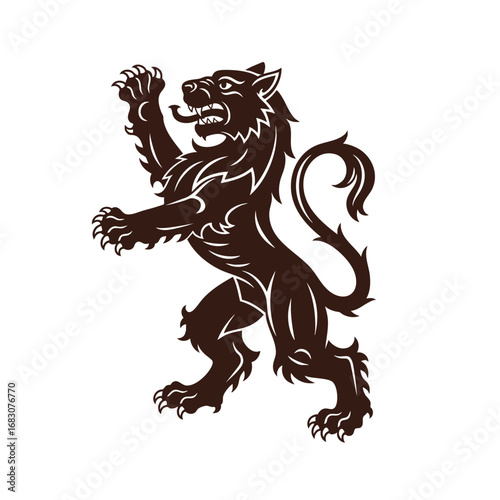 A fierce heraldic wolflion beast in a rampant pose a dark brown silhouette emblem for a coat of arms.