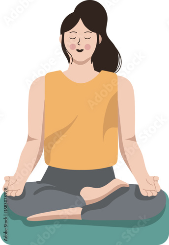 Smiling woman in a yoga pose, meditating peacefully.