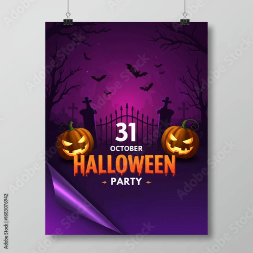 A spooky Halloween party flyer with glowing pumpkins and a graveyard gate, advertising a 31 October event on a poster with a curled corner
