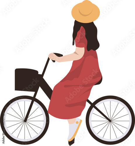 A woman in a red dress and yellow sun hat enjoys a leisurely ride on her black bicycle.