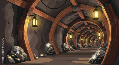 flat vector background of an underground tunnel with wooden supports, lanterns, and ore deposits