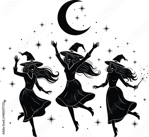 Mystical witches dancing under crescent moon and stars celebration gathering