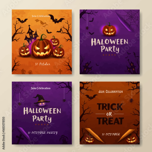 A collection of four Halloween-themed social media posts with glowing pumpkins, bats, haunted houses, and spooky messages like trick or Treat and Halloween Party
