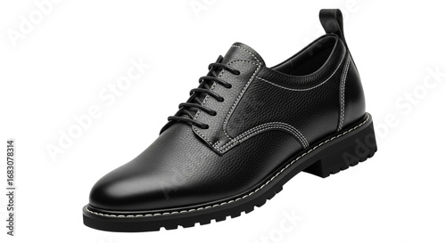 A single black textured leather derby shoe with a lug sole and bold white contrast stitching.