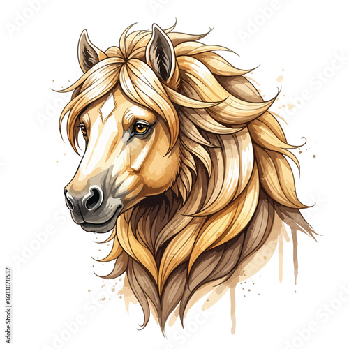 Beautiful artistic illustration of a horse head with a flowing golden blonde mane.