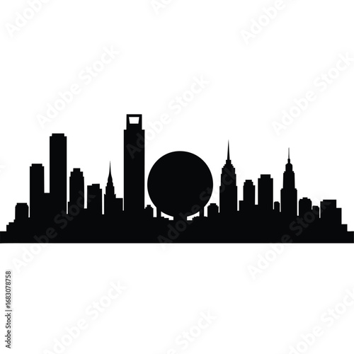 Black silhouette of a composite city skyline featuring a large central geosphere and skyscrapers.