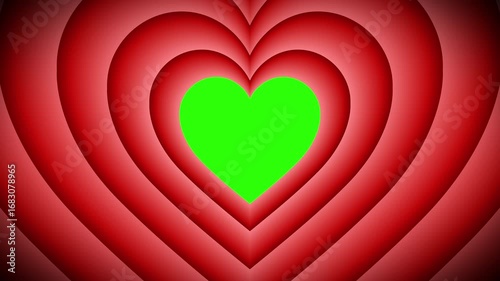 Cartoon style animation isolated with green screen background for the end of videos. Red hearts shape zooming in with bounce back effect.