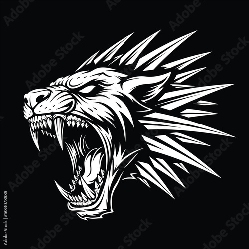 Ferocious snarling wolf head with a spiky mane a monochrome vector illustration.
