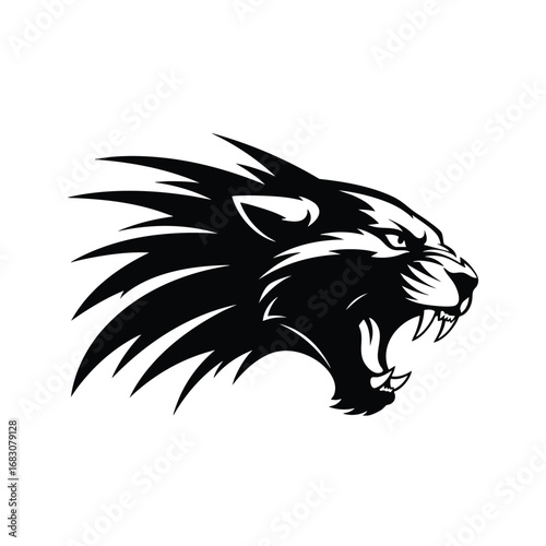 Fierce black panther head mascot roaring aggressively with sharp fangs depicted in a stylized graphic profile view.