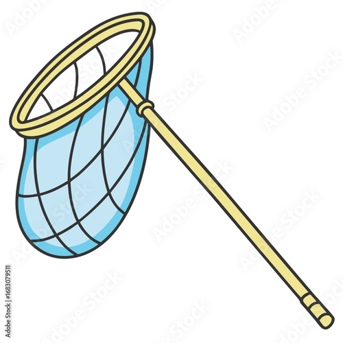 Cartoon butterfly net with a long light yellow handle, circular frame, and blue crisscross mesh.