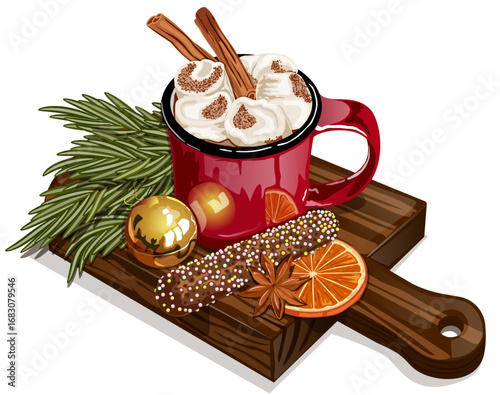 Rustic Festive Holiday Decoration Illustration - Hot Cocoa with Marshmallows, Cinnamon, Ornament, Chocolate Sprinkle Stick, Orange Slice, Star Anise and Pine Branches on a Wooden Board