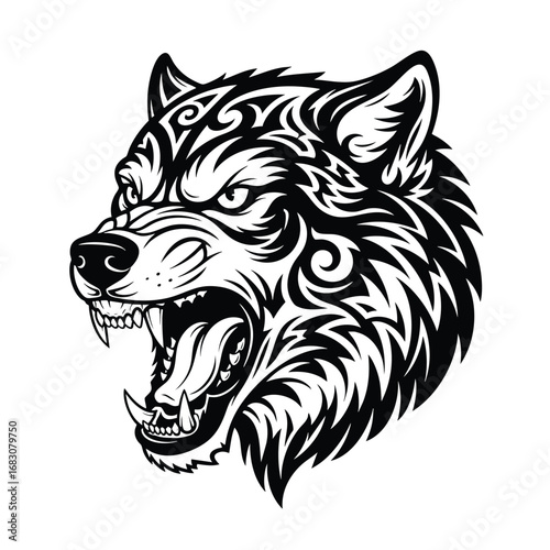 Fierce snarling wolf head with black and white tribal tattoo style patterns.