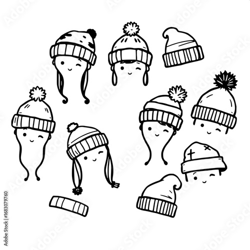 Silhouette doodle set of 9 different winter hats in various child and adult styles, hand-drawn clipart illustrations featuring a sketchy cartoon look, simple black icons with subtle texture and minima