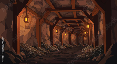 flat vector background of an underground tunnel with wooden supports, lanterns, and ore deposits