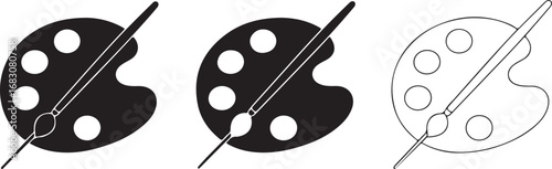 Artist's Palette and Brush Icons: Black and White, Simple Design