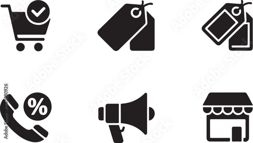 Collection of E-commerce and Marketing Icons: Shopping Cart, Tags, Phone, Megaphone, Store