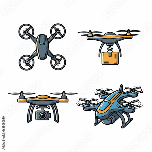 Set of Modern Drone Illustrations for Technology and Delivery.