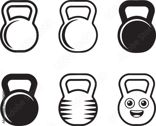 Collection of Six Kettlebell Icons in Black and White