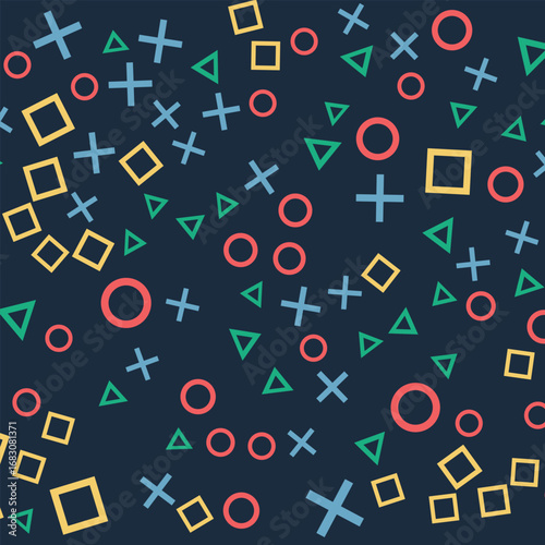 Background design with game console symbol pattern. Icons triangle, circle, cross and square. Game controller