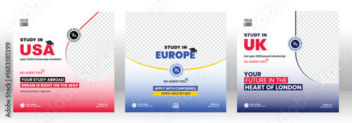 Study Abroad USA, UK and Europe - 3 Post Vector Social Media Pack