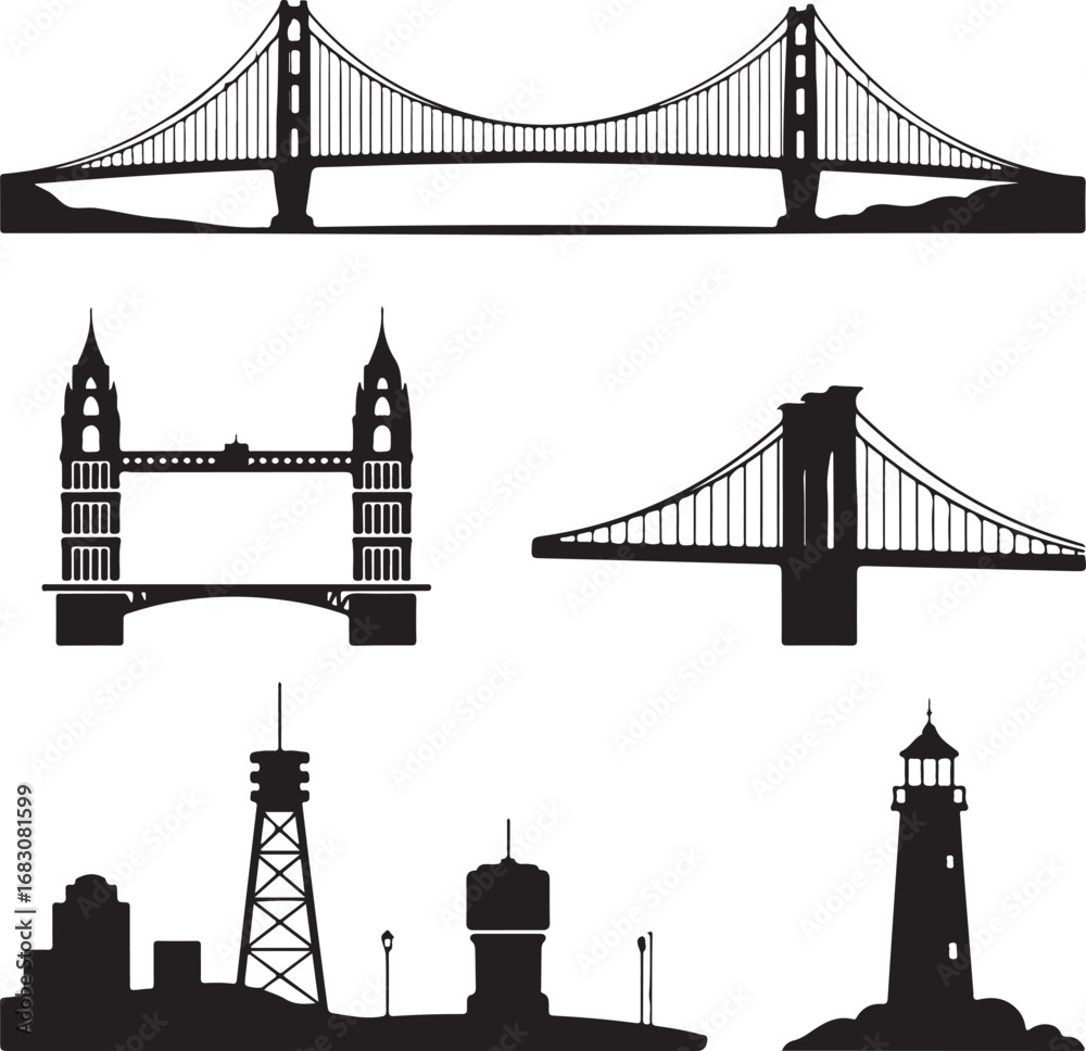 Obraz premium Iconic Bridges and City Silhouettes: A Collection of Architectural Landmarks