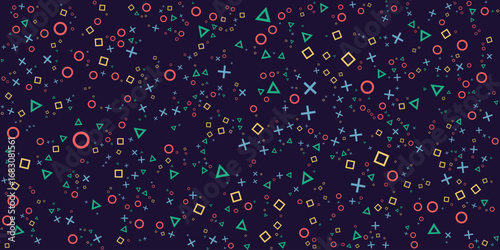 Background design with game console symbol pattern. Icons triangle, circle, cross and square. Game controller