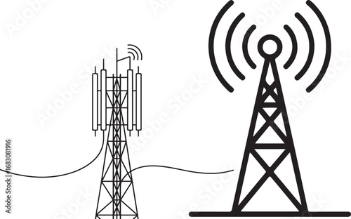 Two Communication Towers, One Emitting Radio Waves, Against a White Background