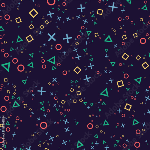Background design with game console symbol pattern. Icons triangle, circle, cross and square. Game controller