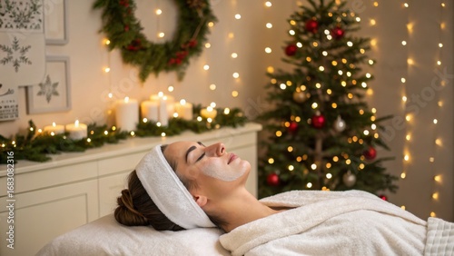 Winter solstice self-care ritual at a festive spa sanctuary, finding peace during the holiday season with a facial