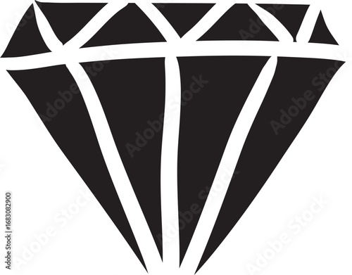 A stylized, black and white graphic illustration of a diamond with facets and a pointed tip.