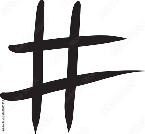 A black, hand-drawn hashtag symbol on a white background, created with thick brushstrokes.