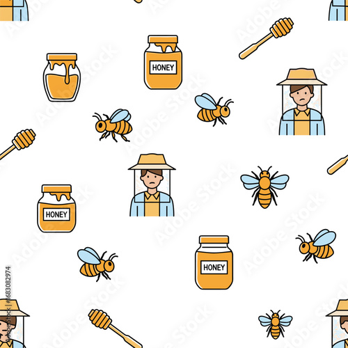 A delightful pattern featuring bees honey jars and beekeeper illustrations for nature enthusiasts