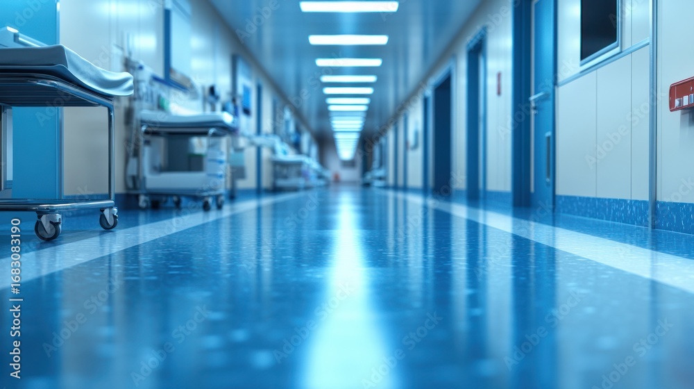 Fototapeta premium Long, bright hospital corridor with sterile blue floors.