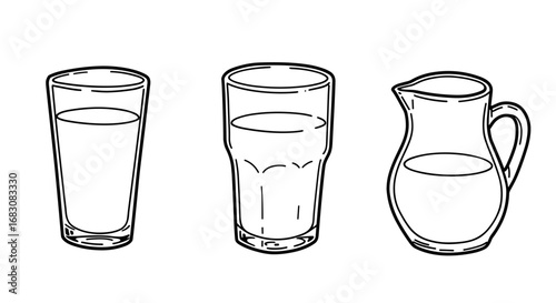 Outline Set of Three Drink Icons in Black on White Background  