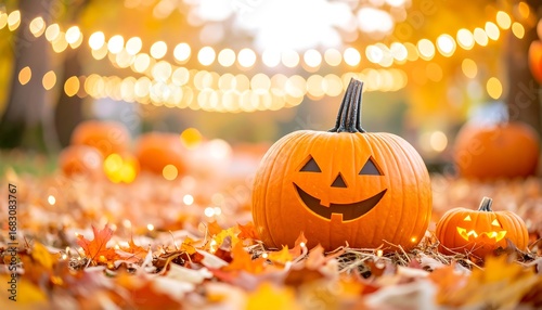 Halloween pumpkins in autumn leaves