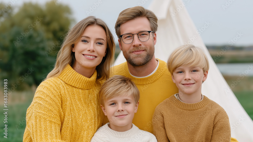 Fototapeta premium Happy family of four wearing cozy sweaters posing outdoors near white tent with natural green background, expressing warmth and togetherness in serene setting
